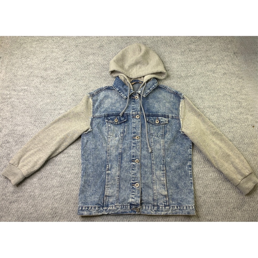 Highway Jeans Womens S Acid Wash Denim Hoodie Jacket Gray Sweatshirt Sleeves
